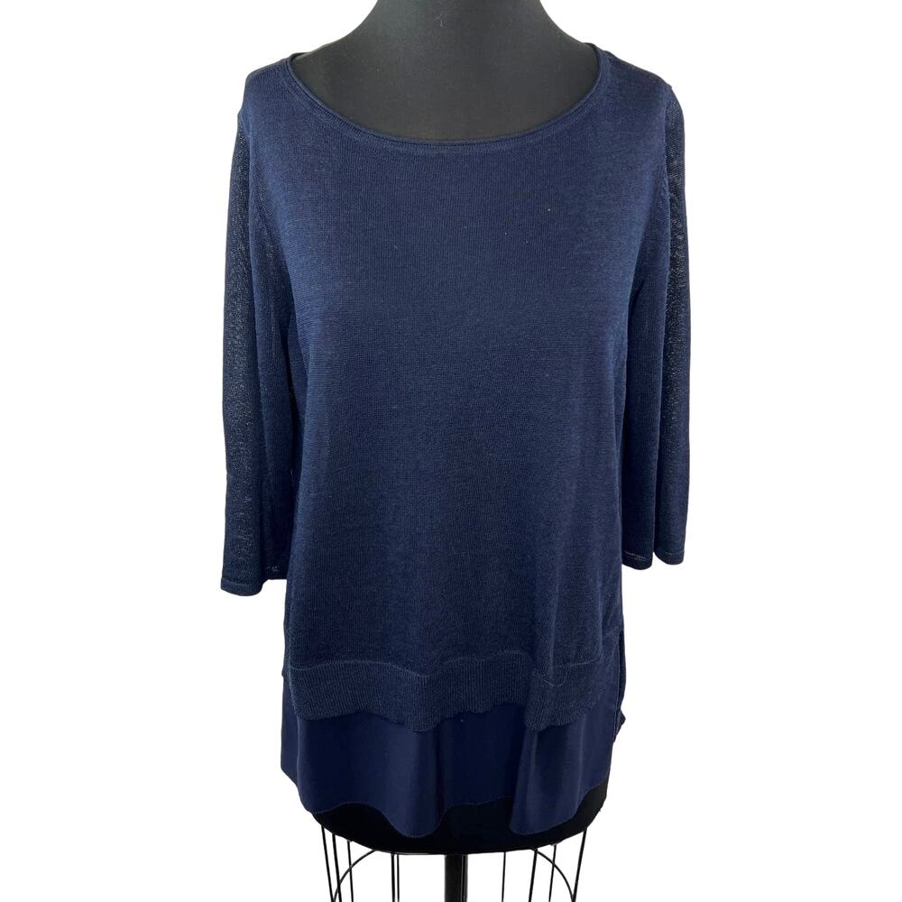 EILEEN FISHER Navy Blue Linen Blend Wide Layered Look Top Petite Large PL